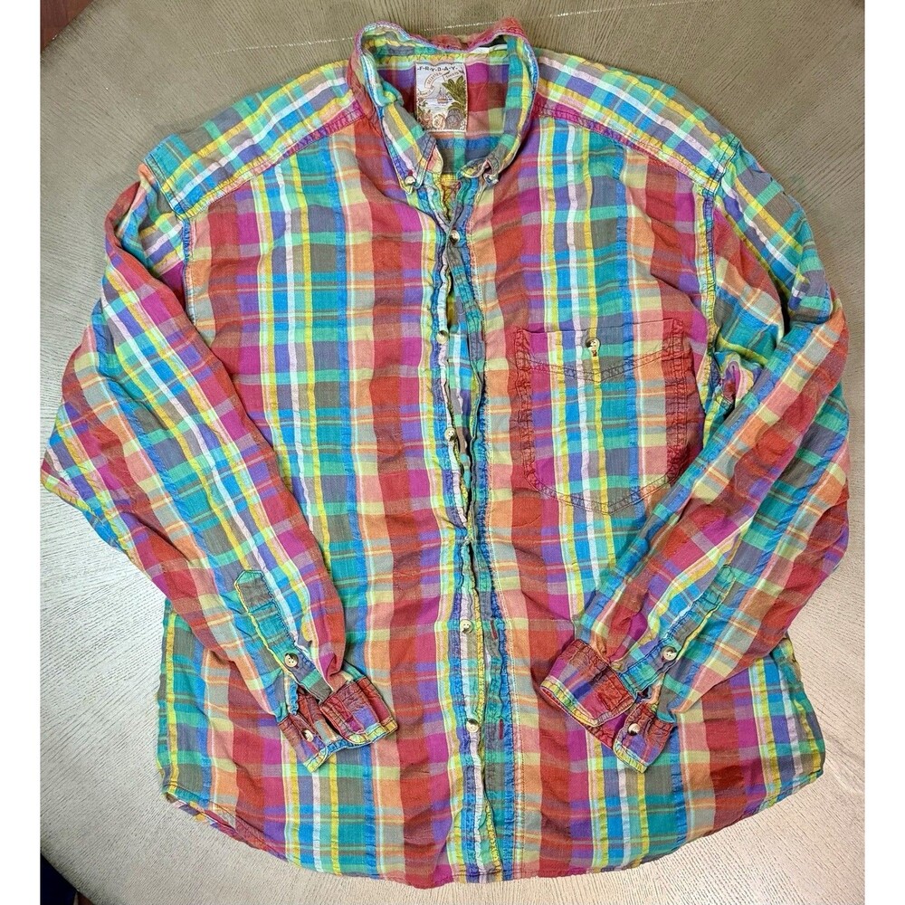 Vtg 90s Fryday Selected Shirts Madras Plaid Button Down Mens XL Large Fun Shirt